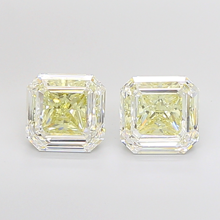 Matched pair of Asscher lab grown diamonds, 7.30 × 7.30 mm, Fancy Vivid Yellow VS1, 4.71ct total