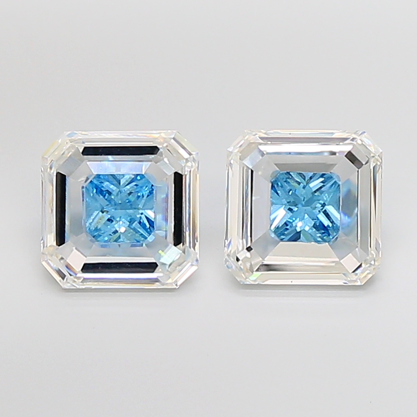 Matched pair of Asscher lab grown diamonds, 9.00 × 9.00 mm, Fancy Vivid Blue VS1, 6.18ct total