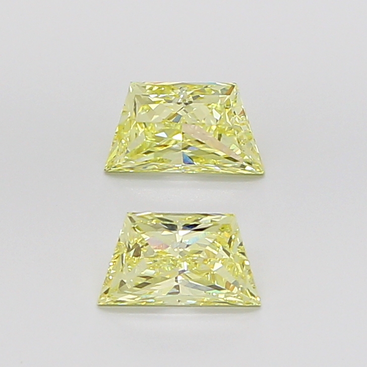 Matched pair of Trapezoid Brilliant lab grown diamonds, 8.00 × 5.00 mm, Fancy Yellow VVS2, 2.09ct total
